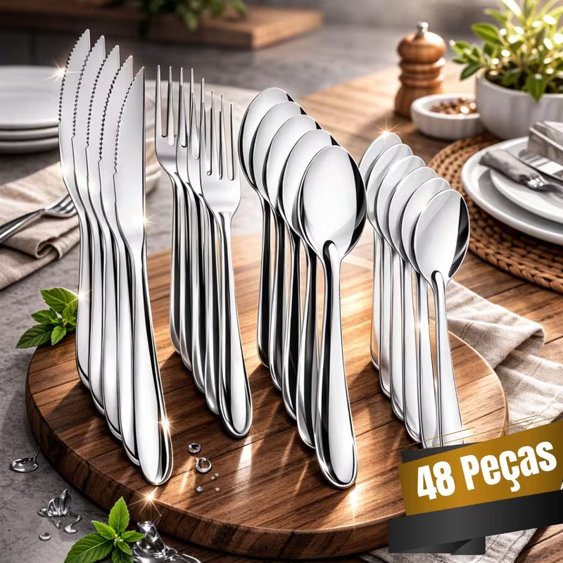 Conjunto de Talheres de Aço Inoxidável com 48 Peças