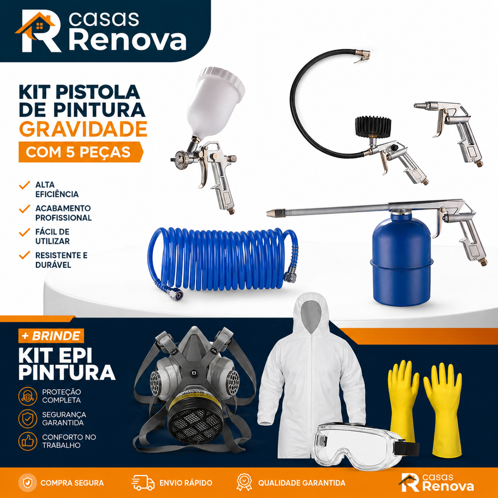 Kit Pistola De Pintura Gravidade Com 5 Peças + Kit EPI de Brinde