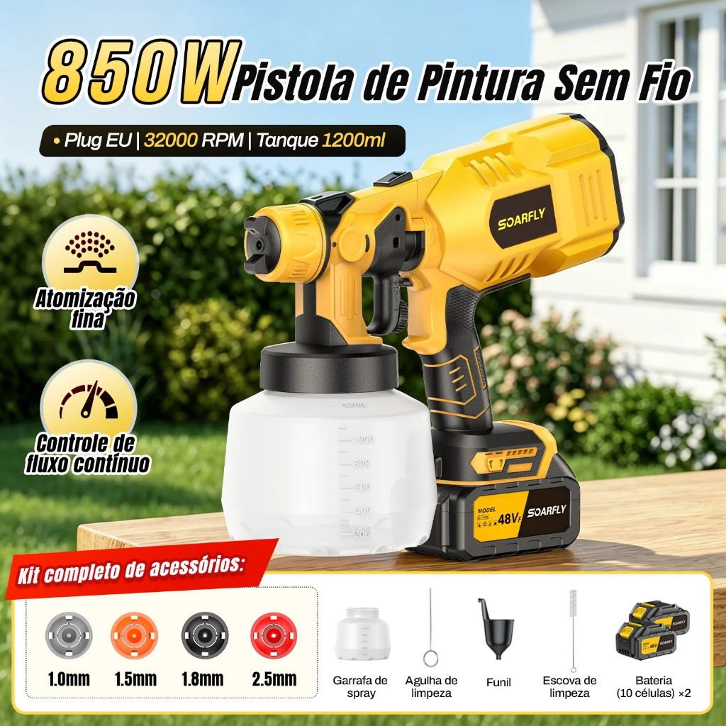 Pistola Pulverizador de Tinta Portátil 850W + 2 Baterias 48V